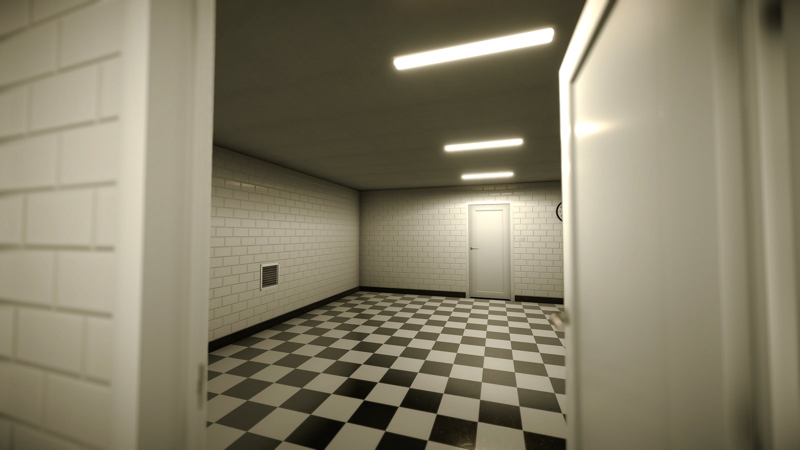 Habitación vacía con suelo de damero y una única puerta