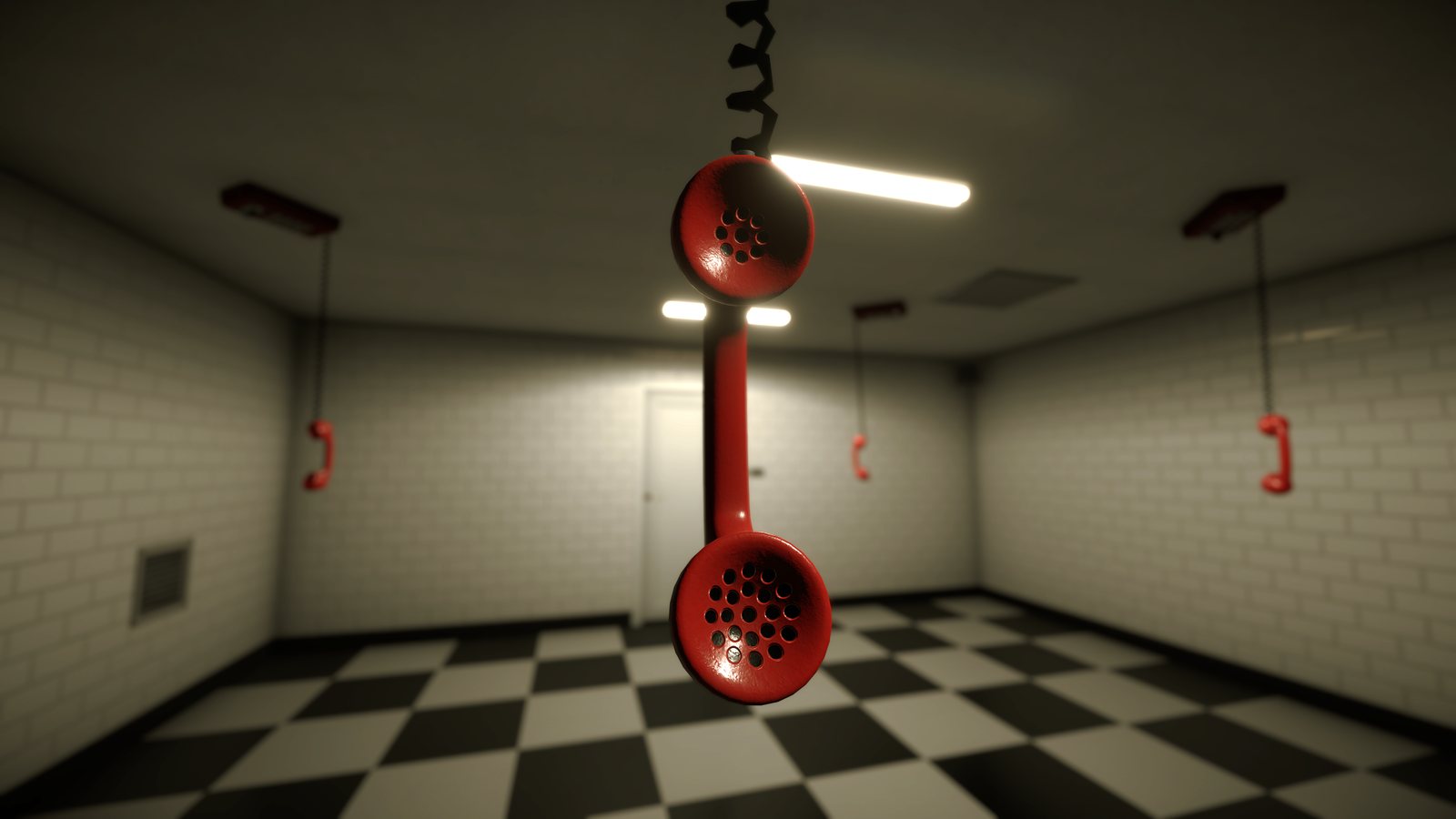 Teléfonos rojos colgando del techo de una sala embaldosada