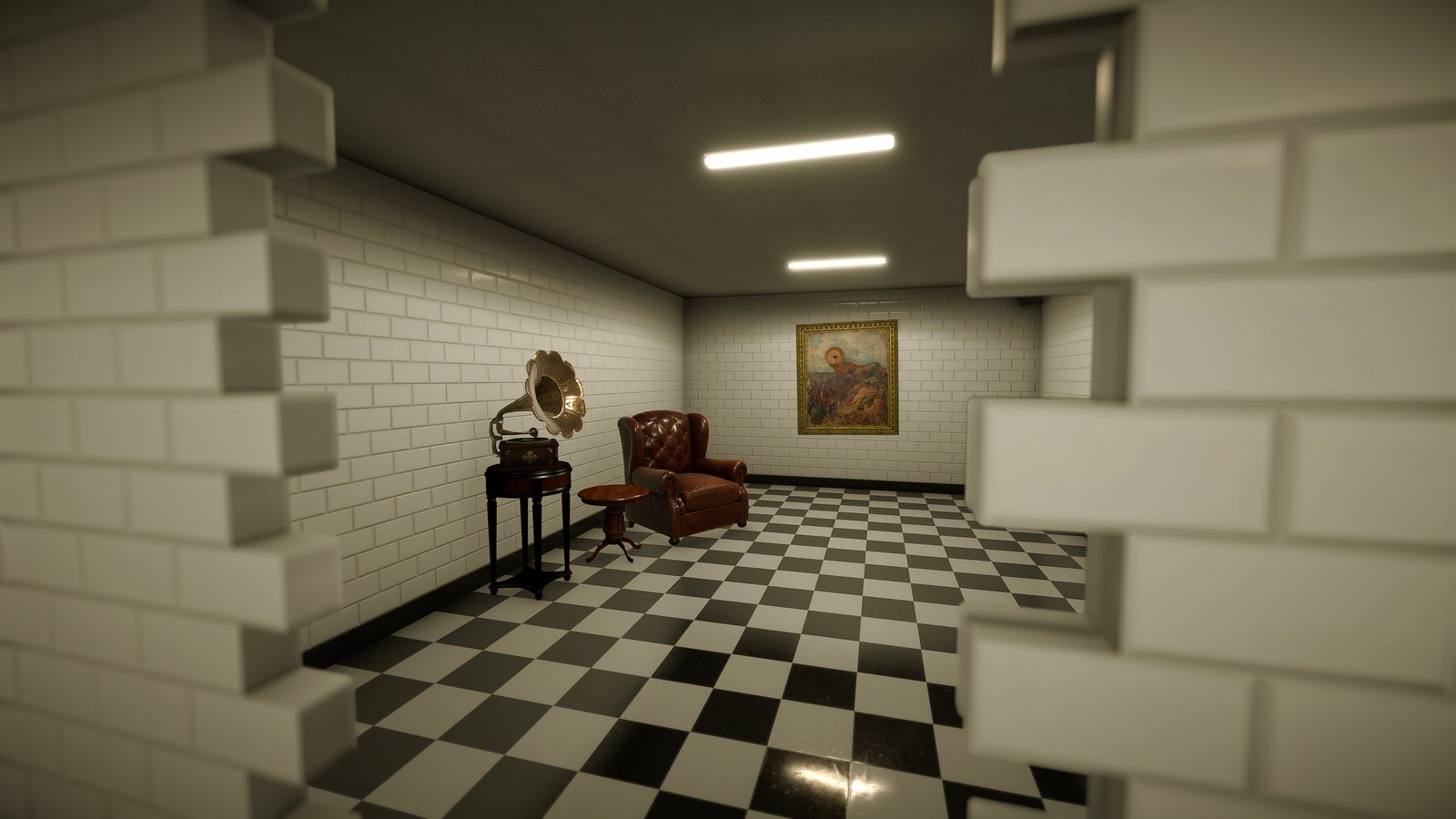Salón con sillón de cuero, gramófono y un cuadro antiguo